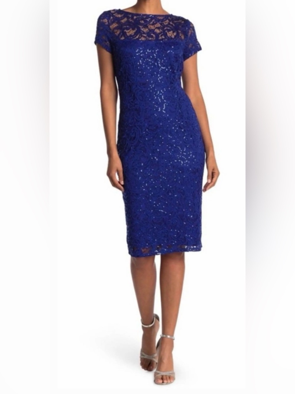 Marina Blue Sequin Lace Cap Sleeve Sheath Dress Size Medium NWT
